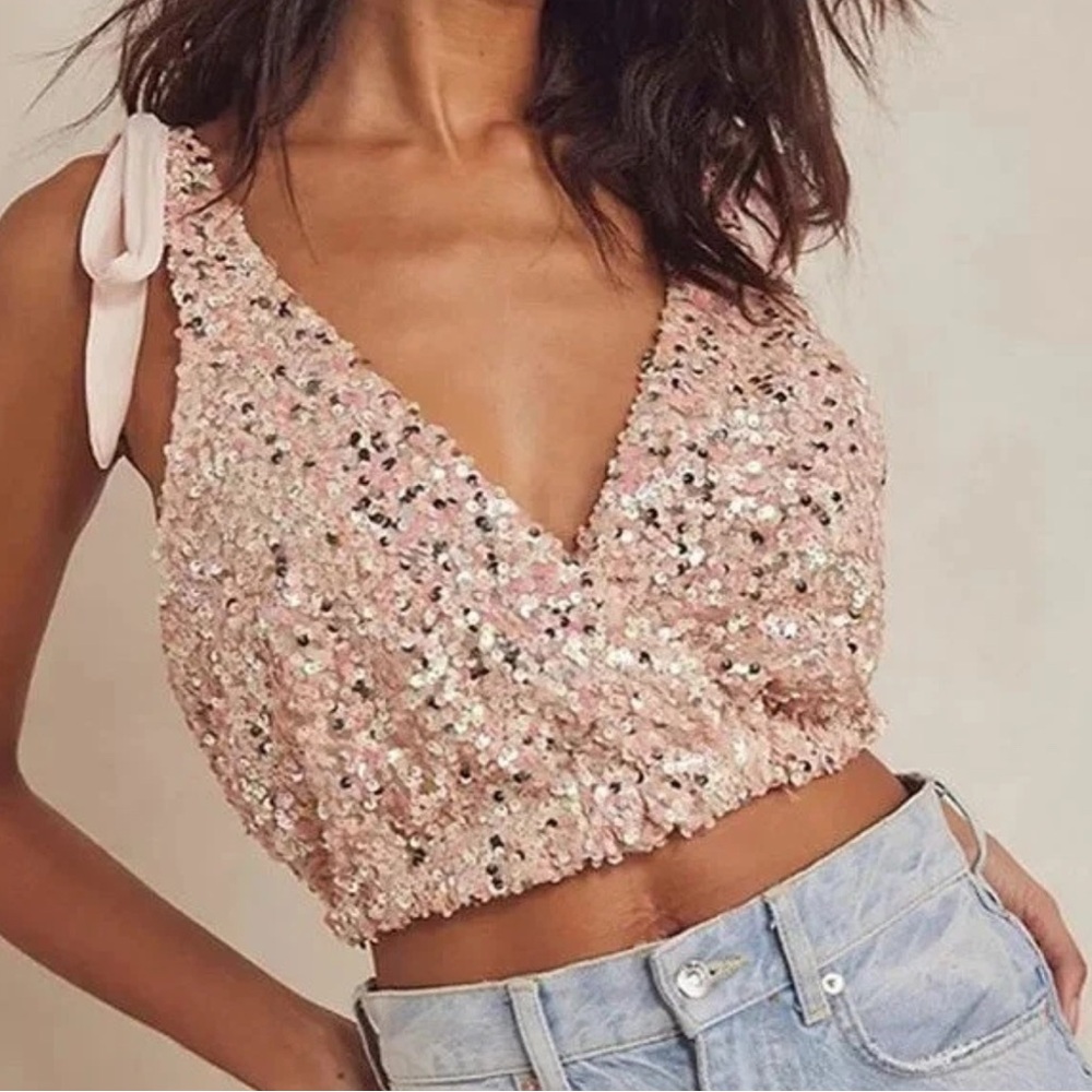 Free People Intimately Big Night Sequin Embellished Lined Tank Top Pink Size M
